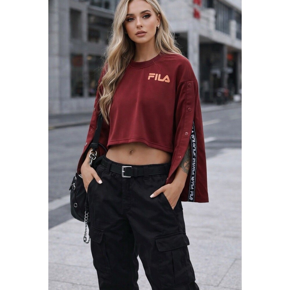 FILA Burgundy Logo Snap‎ Sleeve Y2K Streetwear Crop Sweatshirt